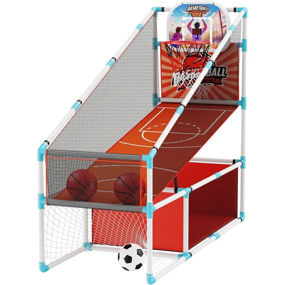 

2-in-1 Kids Basketball & Soccer Game Set with LED Scoreboard, Adjustable Height, Suitable for Ages 3-12