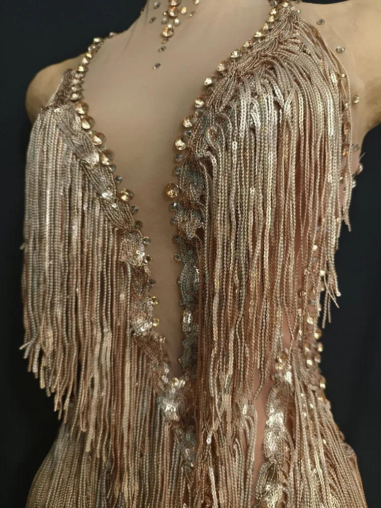 Women Sexy Tassel Gold Diamonds Midi Dress Birthday Party Costume Bar Nightclub Stage Performance Clothing