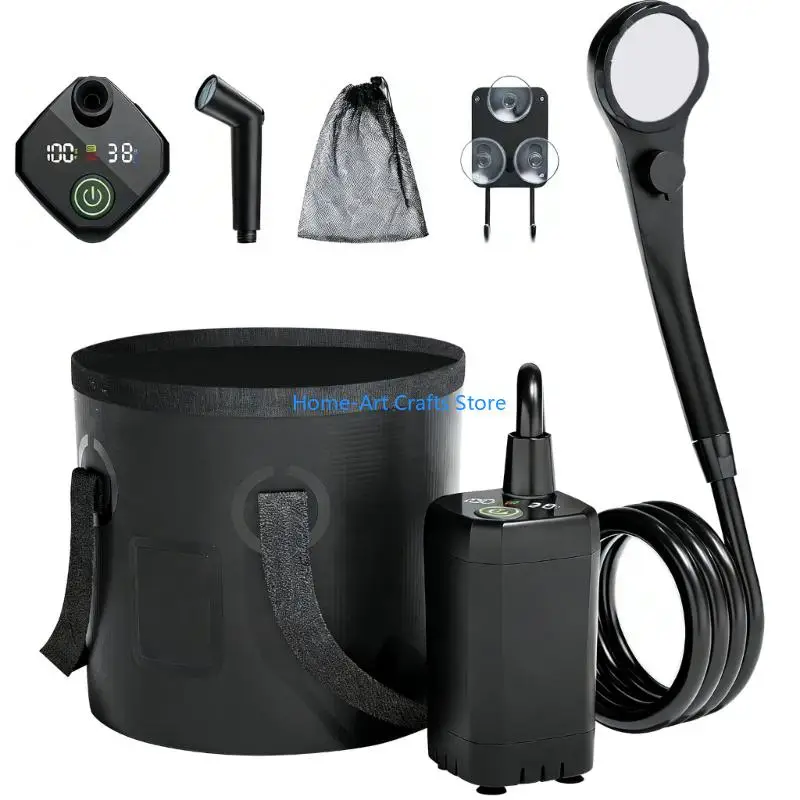 Y3NA Multifunction Rechargeable Shower Pumps With Digital Screen And 5 Gallon Foldable Bucket For Outdoor Use