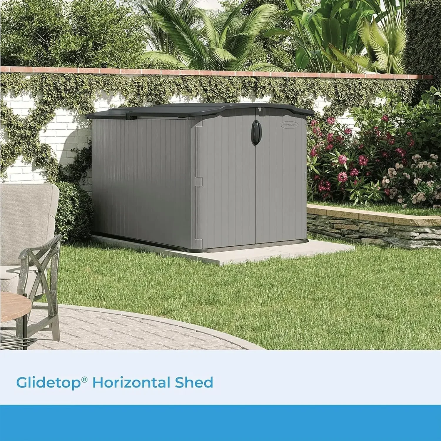 Suncast Glidetop Cobertizo de almacenamiento horizontal para exteriores con tapa y puertas corredizas bloqueables almohadilla, cobertizo para todo tipo de clima para almacenamiento en el patio,