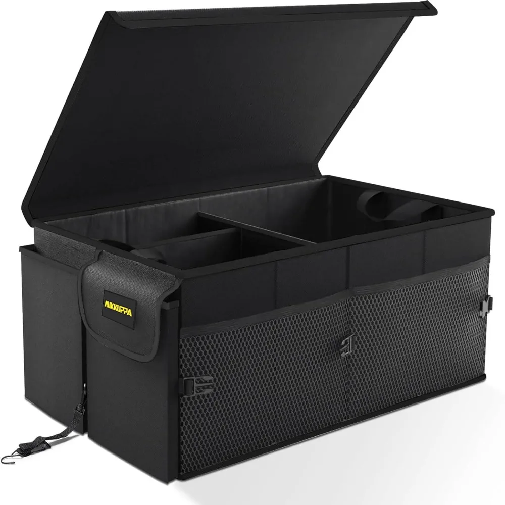 

car trunk organizer - 65l collapsible trunk organizer with lid, sturdy car storage for suv auto truck van with adjustable strap