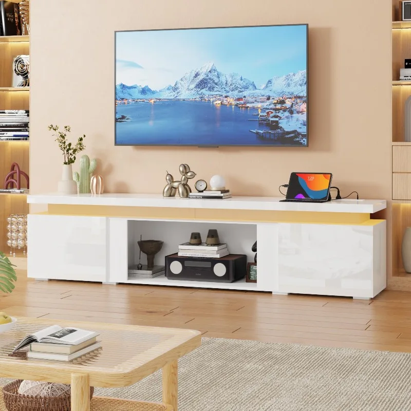 71Inch LED TV Stand for 80Inch TV, Modern TV Stand with Power Outlet, High Gloss TV Console Entertainment Center with