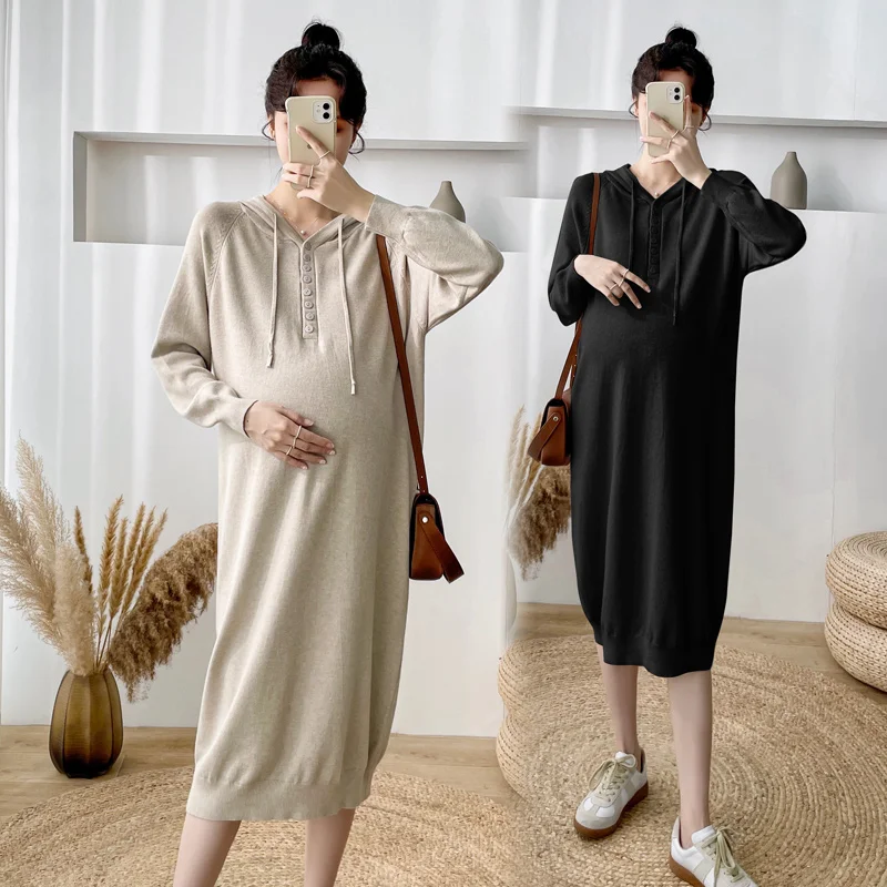 

Pregnant Women Winter Knitting Dress Plus Size Maternity Clothes Buttons Long Loose Casual Pregnancy Hooded Sweater Black Khaki