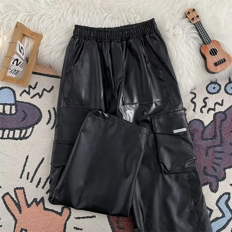 Harajuku Men's PU Leather Pants Winter Loose Wide Leg Trousers Korean Fashion Multi Pocket Overalls 2024 Cargo Leather Pants Men