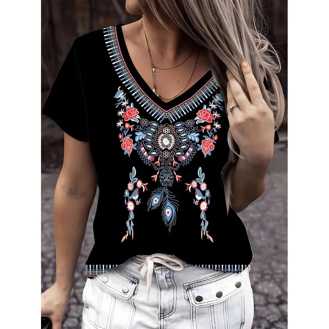 Women's T-Shirt Summer V-Neck T Shirt For Women Daily Fashion Short Sleeve Casual T-Shirt 3d Print Female Clothes