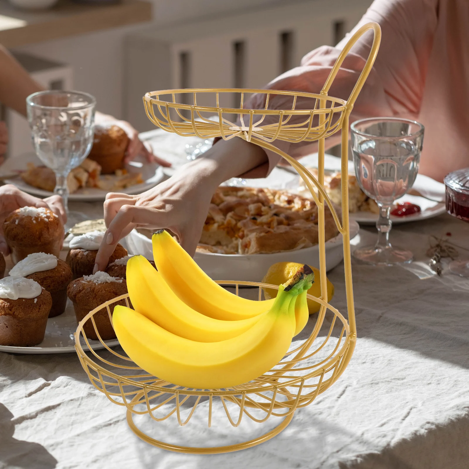 

2-Tier Multilayer Basket Stand For Kitchen Counter Sand Finish Iron Storage Tray Tiered Bowl Holder Wire Fruit Baskets Kitchen