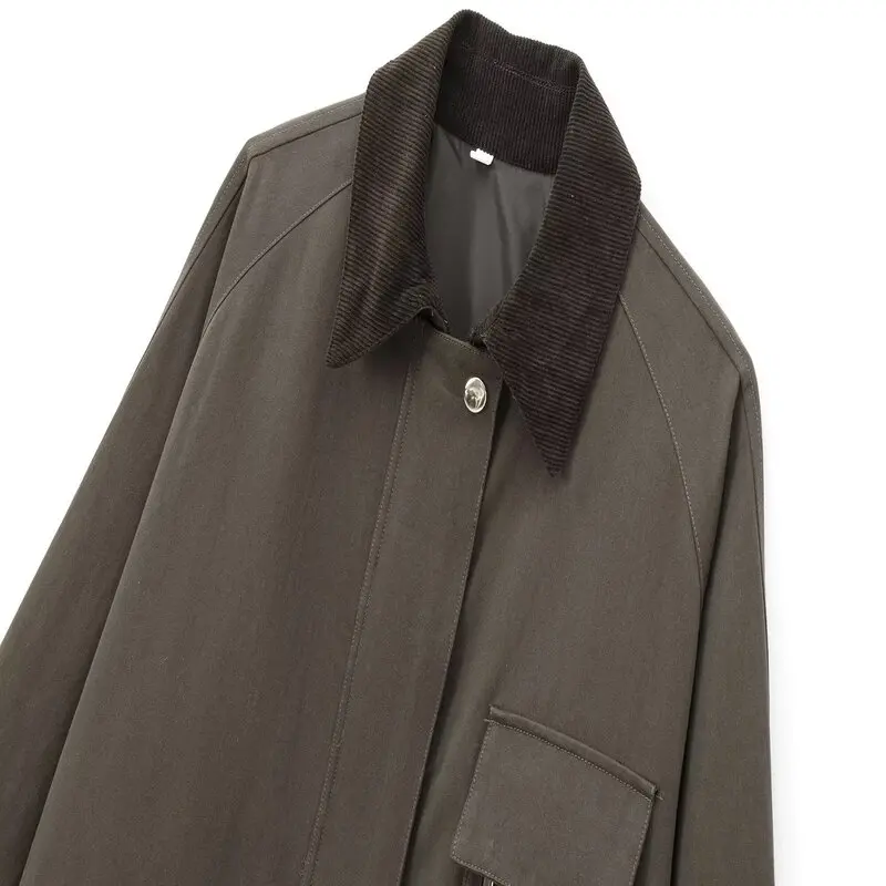 Cappotto Jaet in pelle cerata con colletto in velluto a coste versatile Faion da donna autunno inverno Nuovo arrivo 2024 Vestibilità ampia Lunghezza regolare