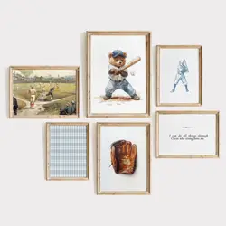 Vintage Blue Sports Bible Verse Teddy Bear Baseball Posters and Prints Canvas Printing Wall Art Picture for Living Room Decor