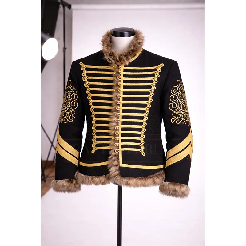 

Custom Made Historical Napoleonic Black Wool Jacket Empire Hussar Military Jacket With Gold Trim Romantic Parade Top Coat
