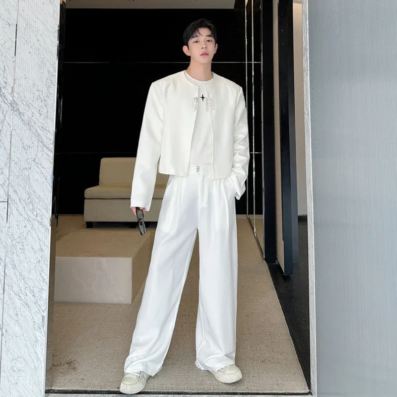 WVGA Spring Autumn New Men Trendy Personality Multi-Button Collarless Blazer Niche Casual Straight Suit Pants Set Ins Y2K W19525