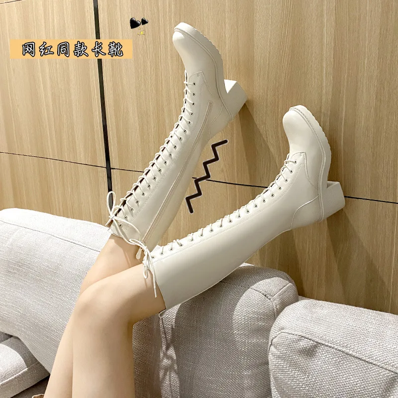 White Women\'s Long Boots Lace-up High Heel Knight Boots Over-the-knee Thigh-high Petite Size Internet Celebrity Mid-calf