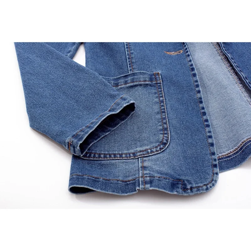 Vintage Blau Dünne Kurze Anzug Kragen Denim Jacke Mantel Frauen Koreanische Cowboy Oberbekleidung Große Tasche Langarm Jeans Jacke Weibliche