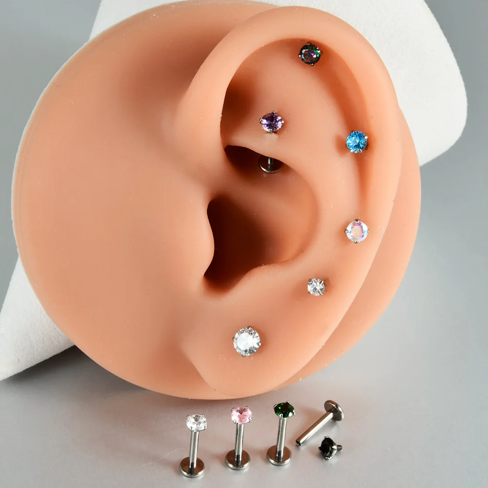 10Pcs G23 Titanium Piercing Labret Lip Stud Internally Threaded Zircon Ear Stud Helix Cartilage Tragus Body Jewelry Wholesale