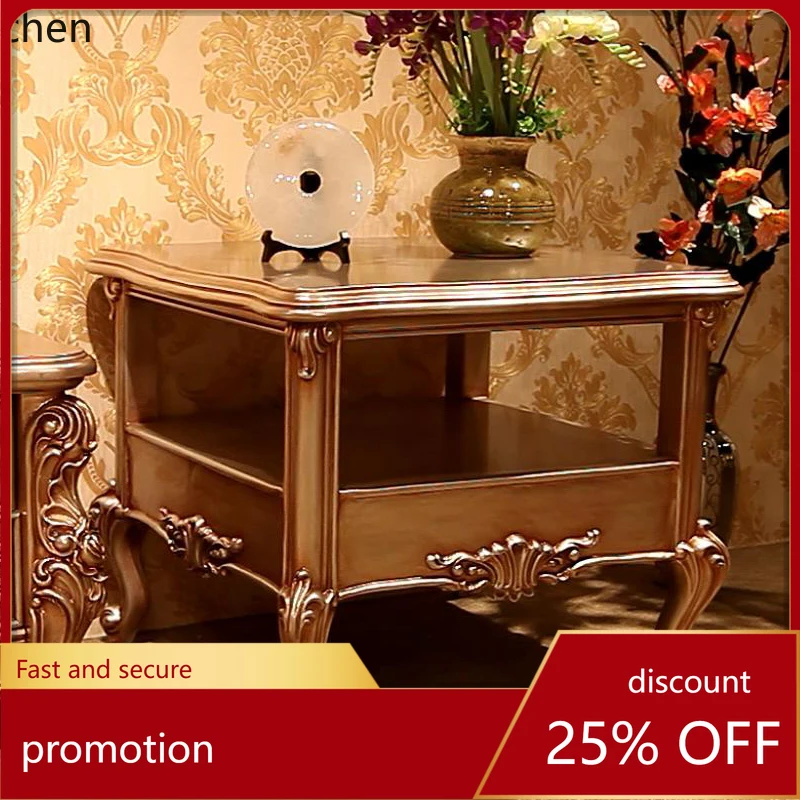 CZ Neoclassical Side Table Solid Wood Carved Champagne Gold Living Room Set Matching Furniture Double Layer Corner Table