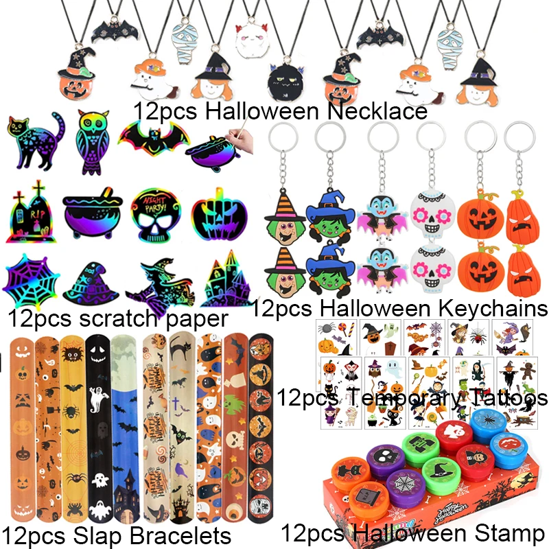 72pcs Halloween Party Favors Kids Stamps Slap Bracelets Keychains Tattoos Stickers Trick or Treat Goodie Bag Stuffers