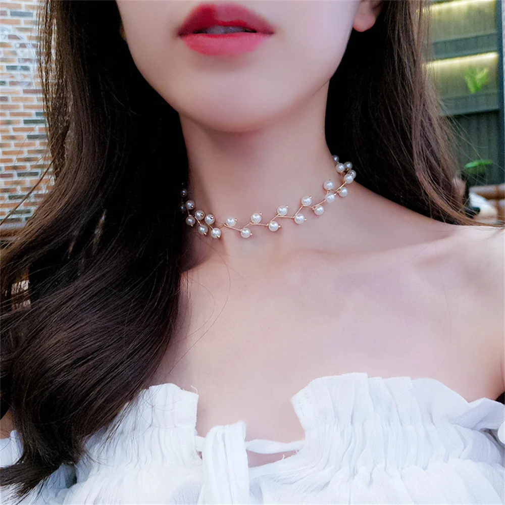 Imitation Pearl Chain Choker Simple Gold Color Clavicle Chain Necklace For Women Fashion Party Jewelry Trendy Wear image 2