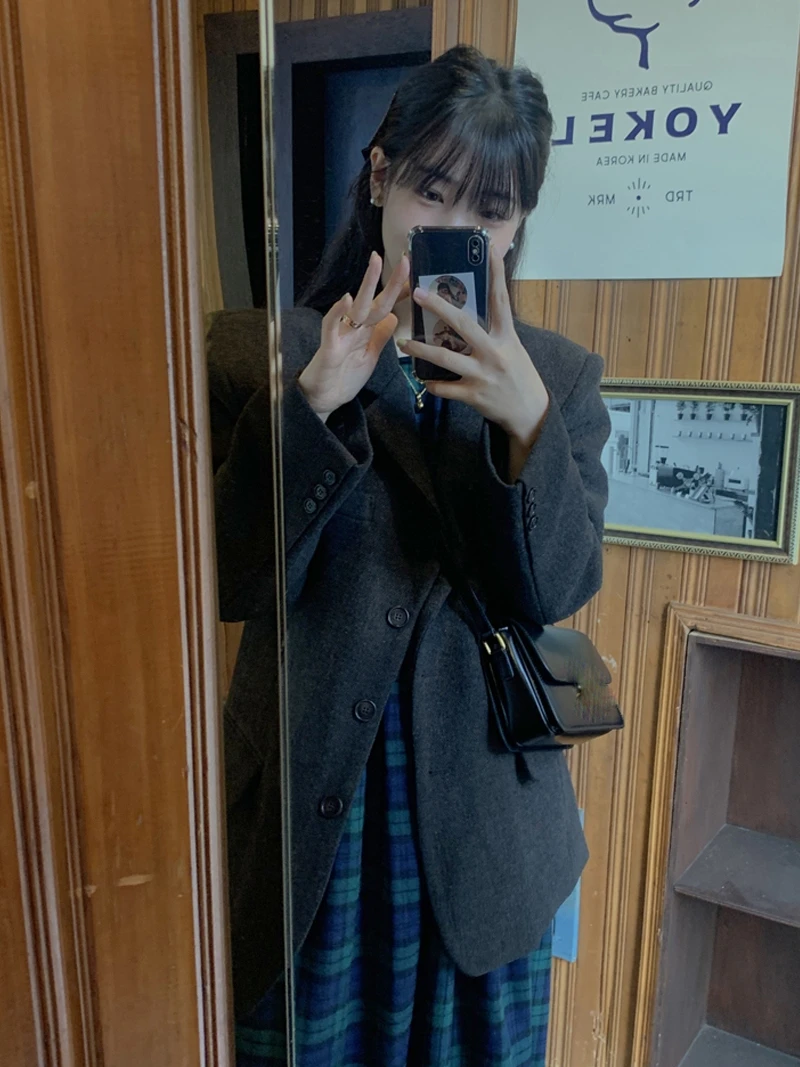 Retro een Plaid Dr Women's Autumn Faion High Waist Inner Wear Long Dr Korean Sle round Ne Bubble Sve A-Line ...