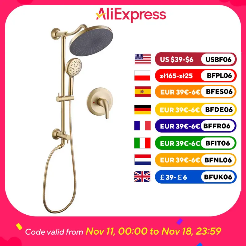 

Shower Slide Bar Shower Faucet Set W/ High Pressure 10" Rain Head and Handheld Spray 2 Way Pressure Balance Valve with Trim Kit