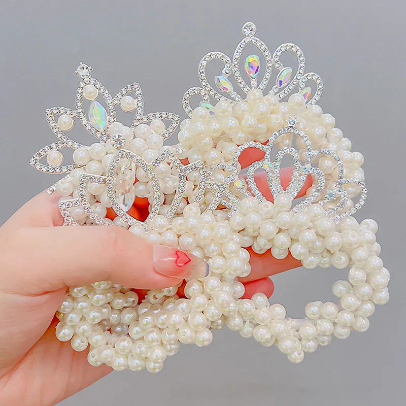 

Little Girls Hair Accessories Korean Pearl Tiara Combo 3PCS Gentle Grip Hair Elastics No Pull Safe