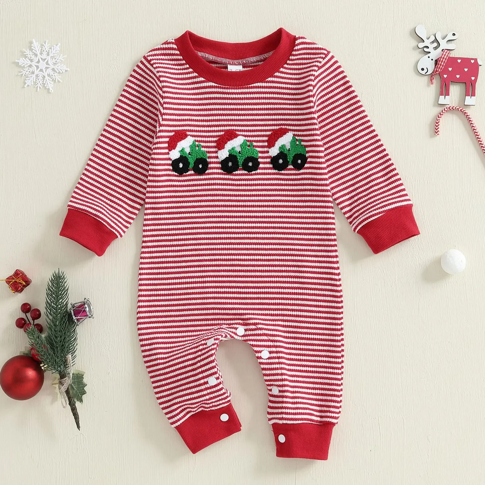 

Christmas Baby Clothing Cotton Striped Romper 0-18M Infant Girls Boys Long-Sleeve Onesie with Tractor Embroidery Festive Outfit