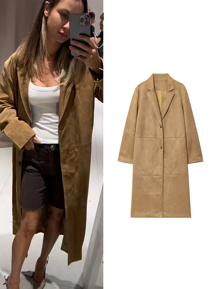 

Women Retro Suede Trench Coat Autumn Winter Fashion Single Breasted Loose Long Sleeve Jacket Old Money Style Lady Long Coat