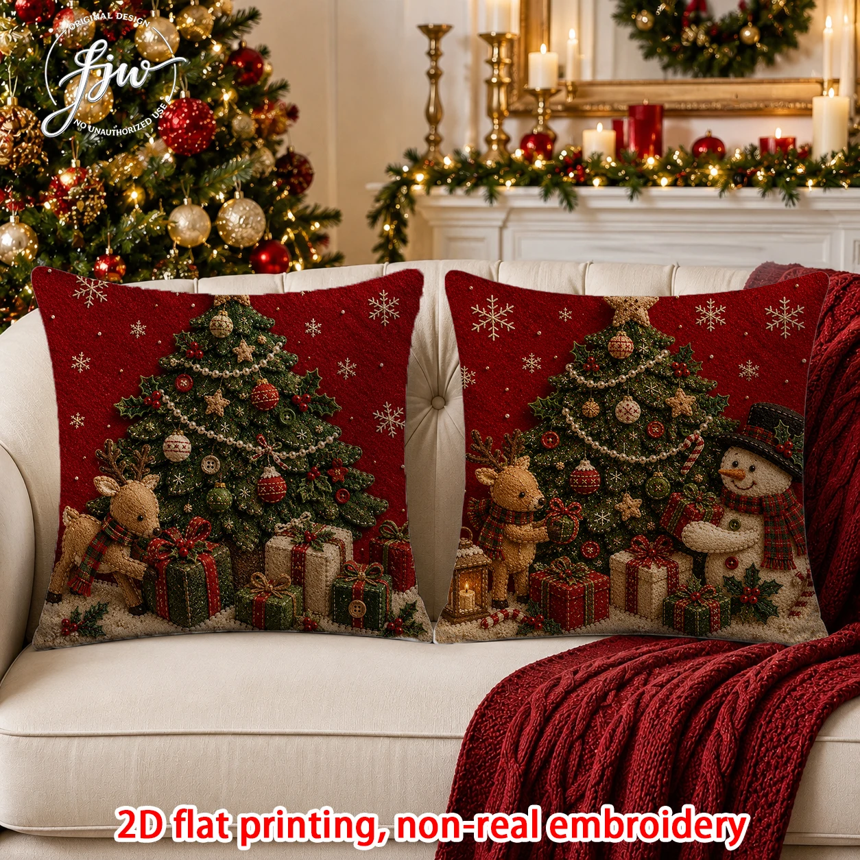 2pcs Christmas Throw Pillow Covers Vintage Xmas Tree Snowman Reindeer Santa Decorative Cushion Cases for Home Sofa Couch Holiday