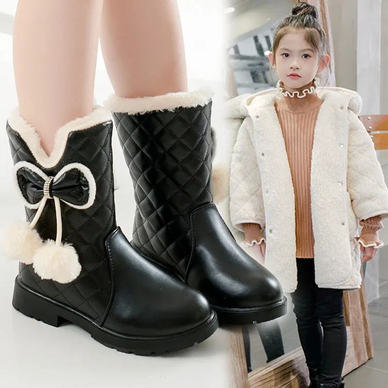 Conforto menina bota inverno novo estilo crianças bota de neve médio grande crianças antiderrapante princesa sapato de couro moda entressola bota