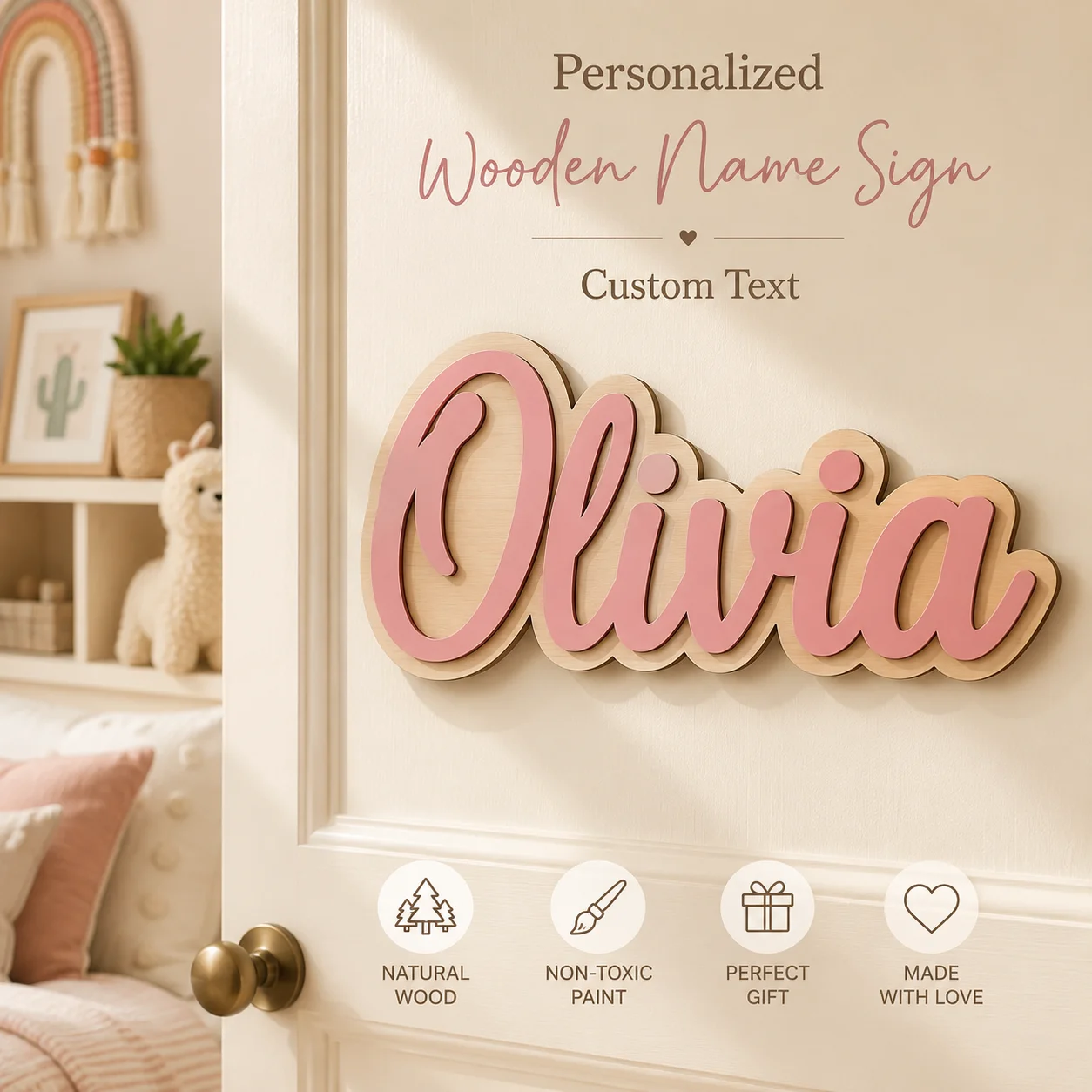 Custom 2D Double Layer Wooden Name Plaque Personalized Door Sign Wall Decor Custom Text Bedroom Nursery Decoration Gift Set Plus image 3
