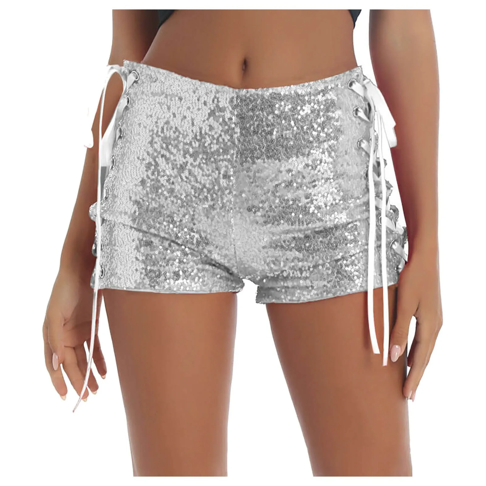 Women'S Glossy Shiny Sequin Casual Shorts Side Lace-Up Mini Hot Sexy Strappy Short Pants Mujer Loose Comfy Cortos Clubwear