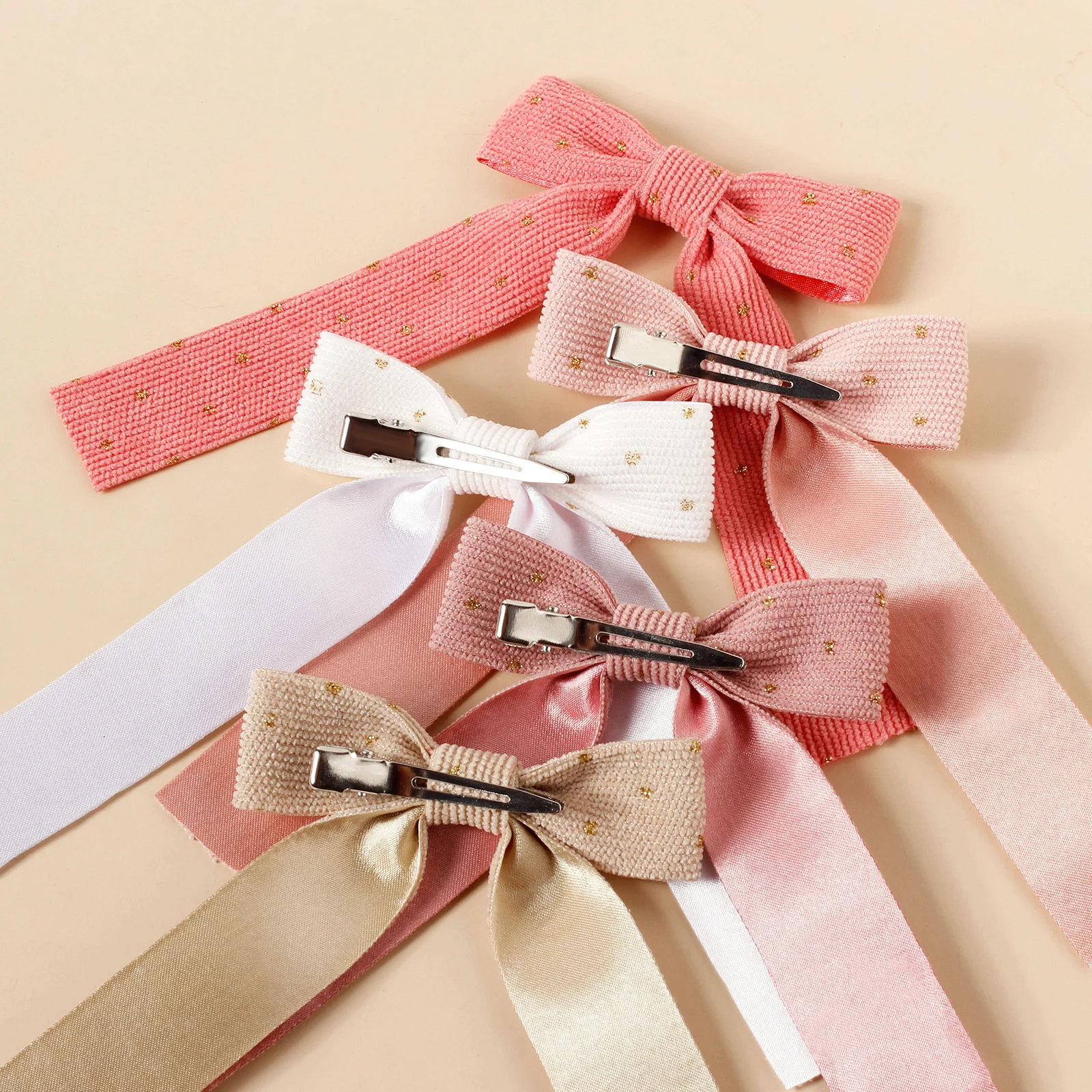 5PCS Mädchen Cord Bogen Haar Clips Kinder Punkt Zehe Haarspangen Kinder Flach Knoten Haarnadeln – Detail 5