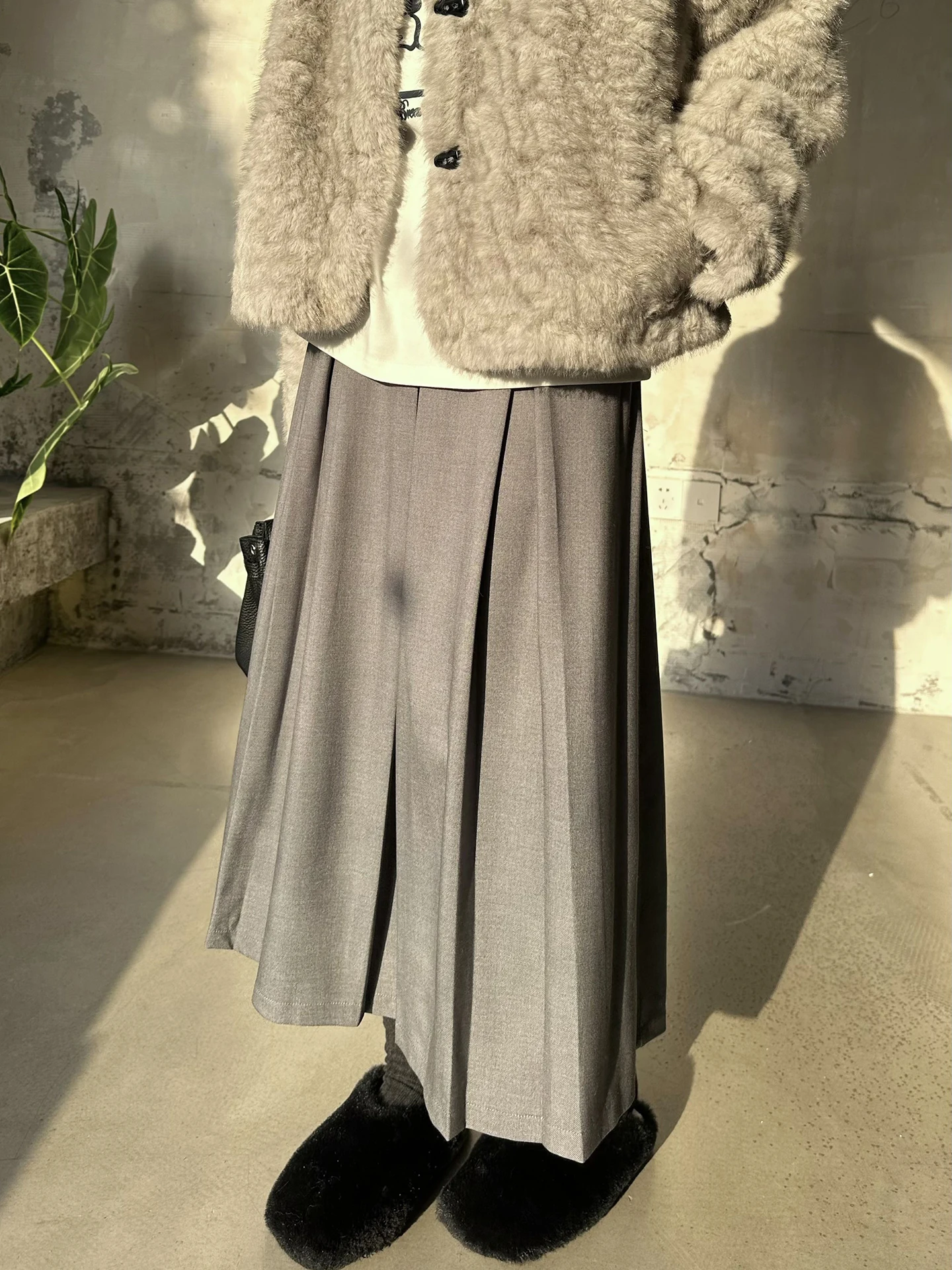 

Ele A-Line Midi Skirt Women's Pleated Slimming Hip Covering Dra Skirts High Waist Polyester Viscose Wool Blend