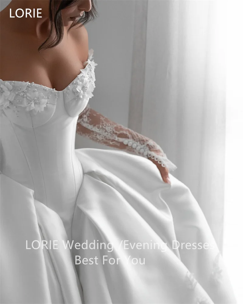 LORIE Lace A-Line Satin Wedding Dresses Off Shoulder Pleat Bride Prom Gown Appliques Floor-Length Elegent Bridal Gown Customized image 3