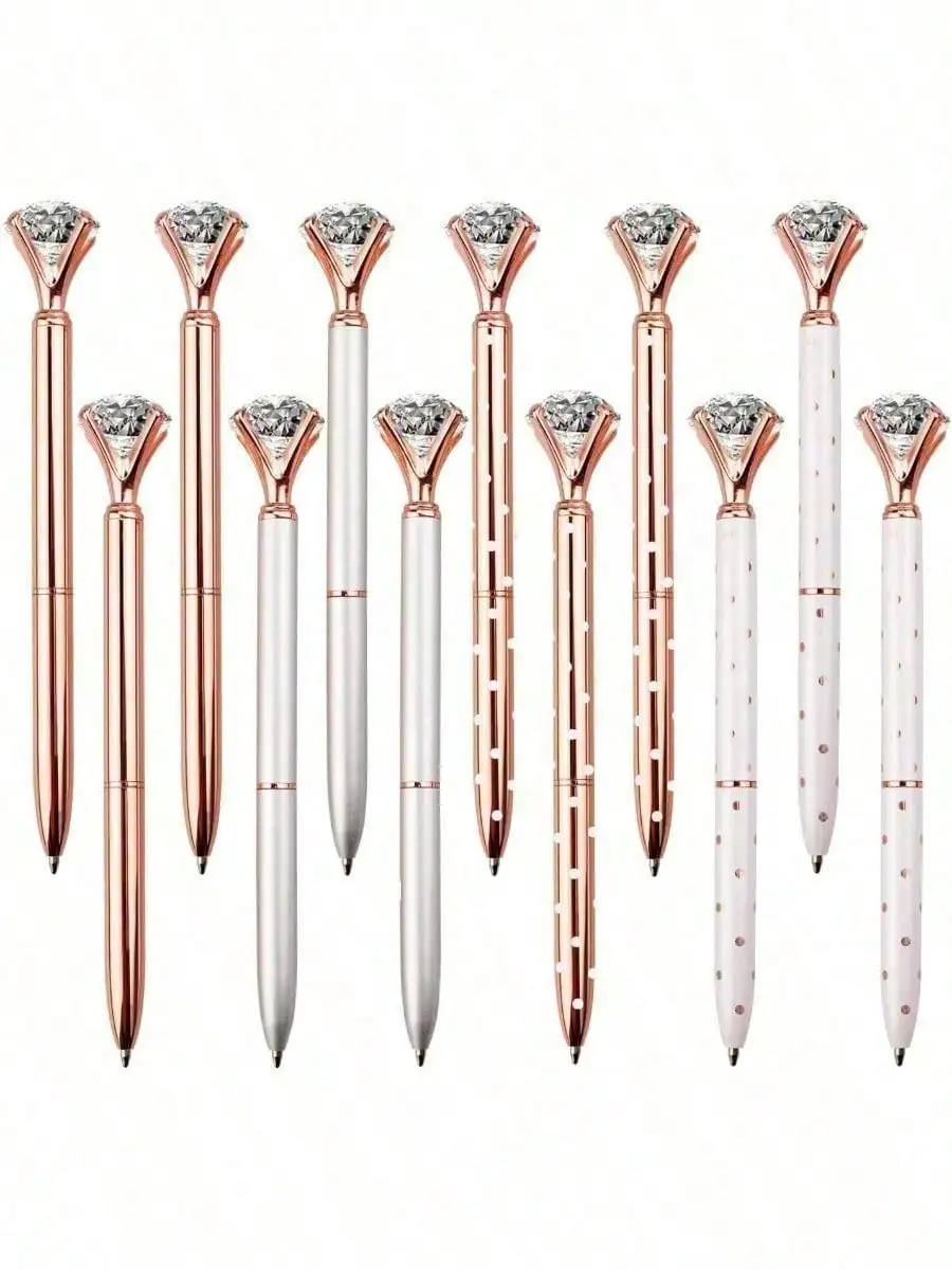 12PCS Diamond Pens Large Crystal Diamond Ballpoint Pen Bling Metal Ballpoint Pen Office School Silver/White Rose Polka Dot/Rose Gold/Rose Gold With White Polka Dots,12Pen Refills Back To School