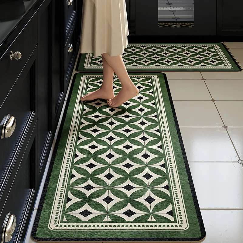Retro Green Kitchen Carpet Non-slip Oil-proof PVC Leather Washable Foot Mats Scratch-resistant and Wear-resistant Kitchen Mat 러그 - view 3