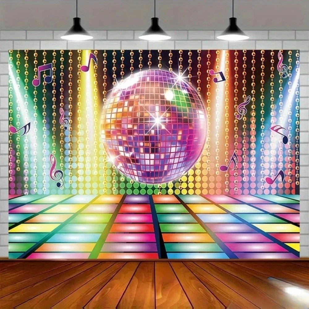 Disco Ball Notes Dance Floor Theme Banner Backdrop, Luminous Floor Style, Birthday Party Decoration Photography Background Cloth