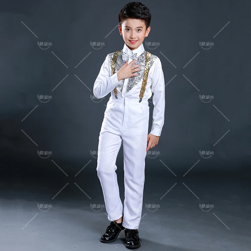 Boys Hip Hop Costume Sequin Shirts White Pants Suit Jazz Costumes Kids Stage Dancing Outfit Children Street Show Wear