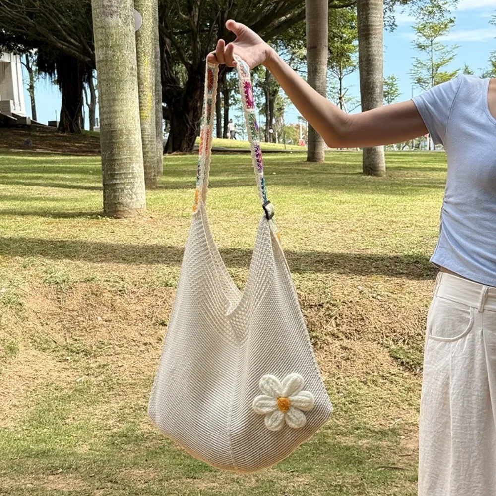 

Cute Crochet Flower Knitting Bag Mesh Handmade Beach Tote Bag Bohemian Style Large Capacity Hollow Shoulder Bag Streetwear