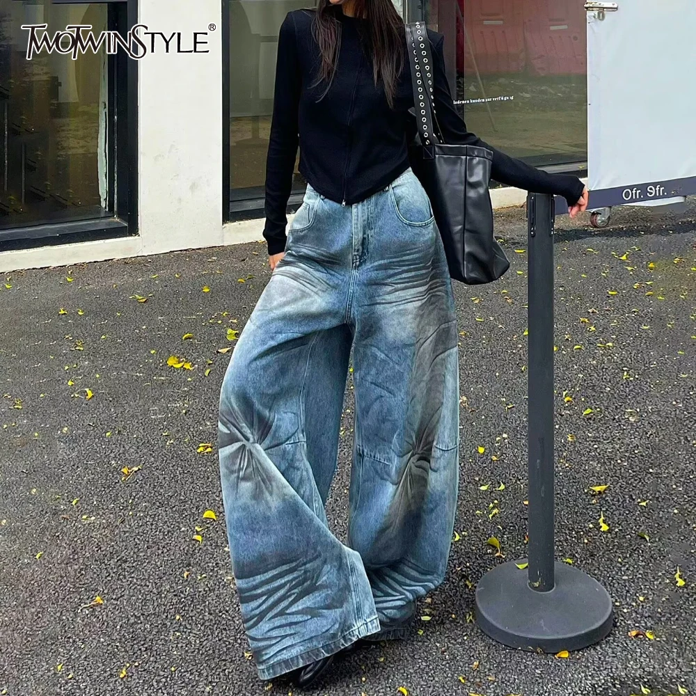 

TWOTWINSTYLE Blue Spliced Pocket Streetwear Trousers Female High Waist Loose American Retro Women's Wide Leg Pants Autumn New