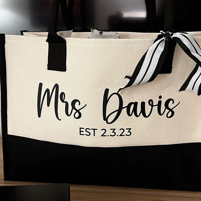 Mrs. Last Name Est Year Tote Bag Personalized Date Wedding Tote Bridal Shower Gift Honeymoon Customized Bridesmaid Beach Bags