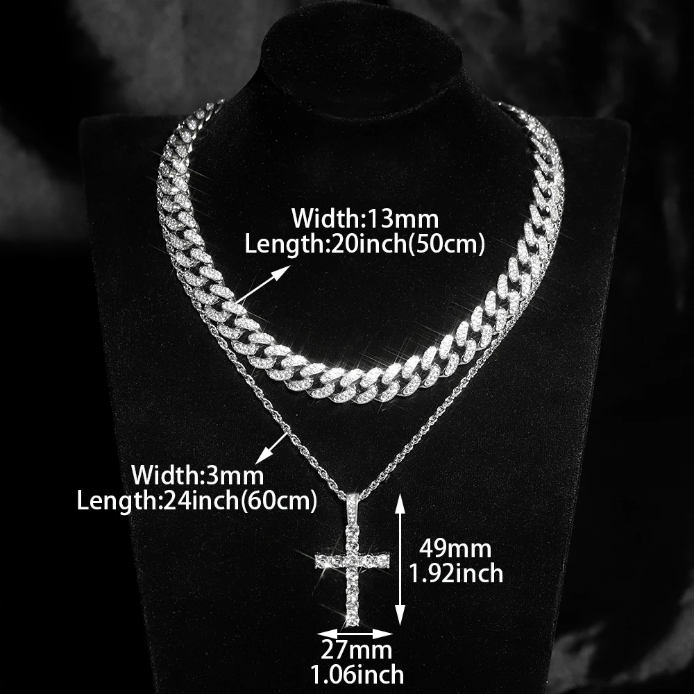 High Quality Set Sparking Cross Pendant Necklace Match Fashion Cuban Link Chain Bling Jewelry Hip Hop Gift Party For Men Women