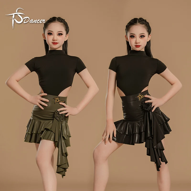 Costume de danse latine pour filles, spectacle d'entraînement de danse, combinaison, jupe à manches courtes haute brillance, ensemble de cours noir pour enfants