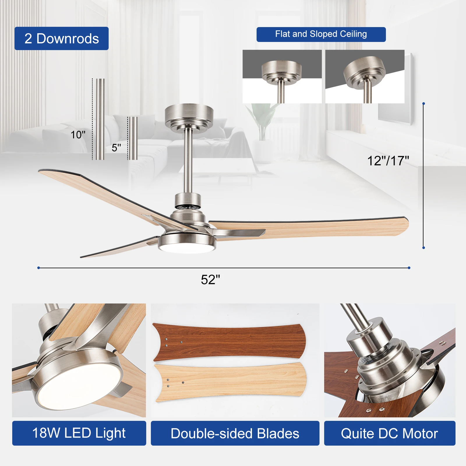 52" Nickel Finish Ceiling Fan With 3 Reversible Blades And Adjustable LED Light - Sleek, Efficient, And Affordable