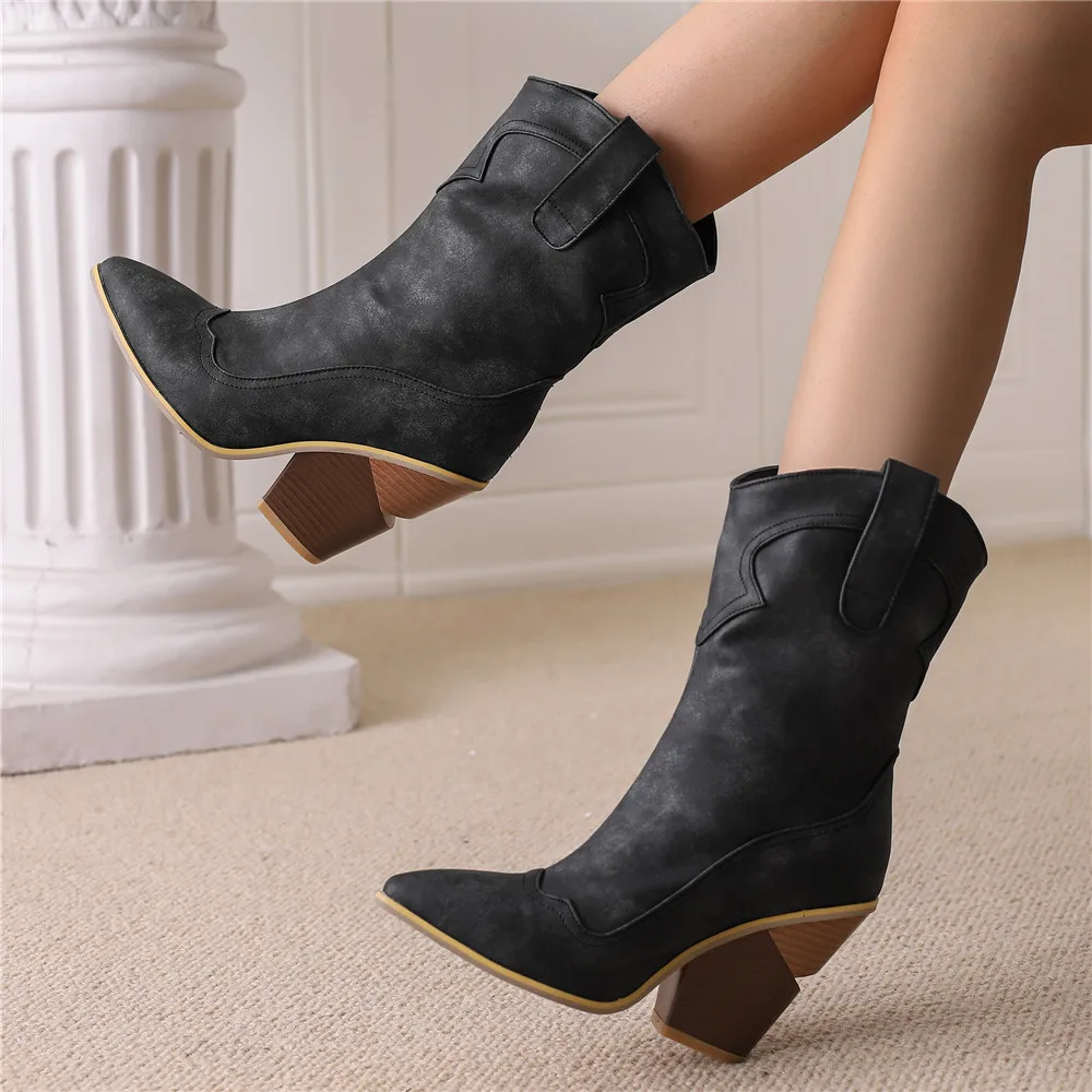 2024 Autumn Women Boots Pu Leather Wedge High Heel Ankle Boots Winter Cowboy Boots Fashion Western Boots Woman Denim Shoes