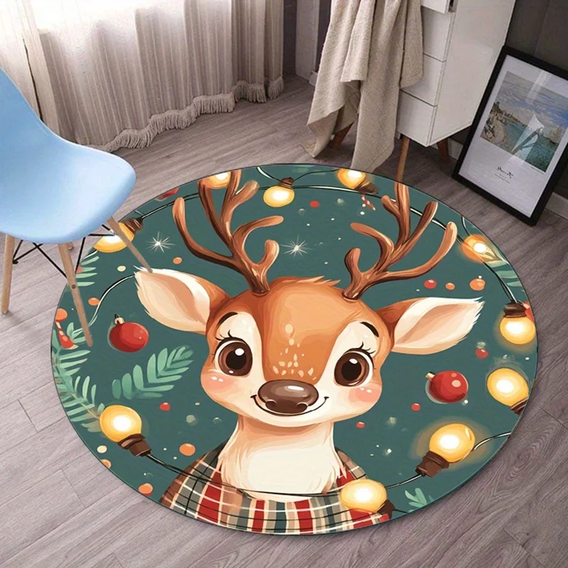 

Cute Deer Christmas Lights Round Crystal Velvet Rug Kids Room Holiday Decor Festive Cartoon Animal Floor Mat
