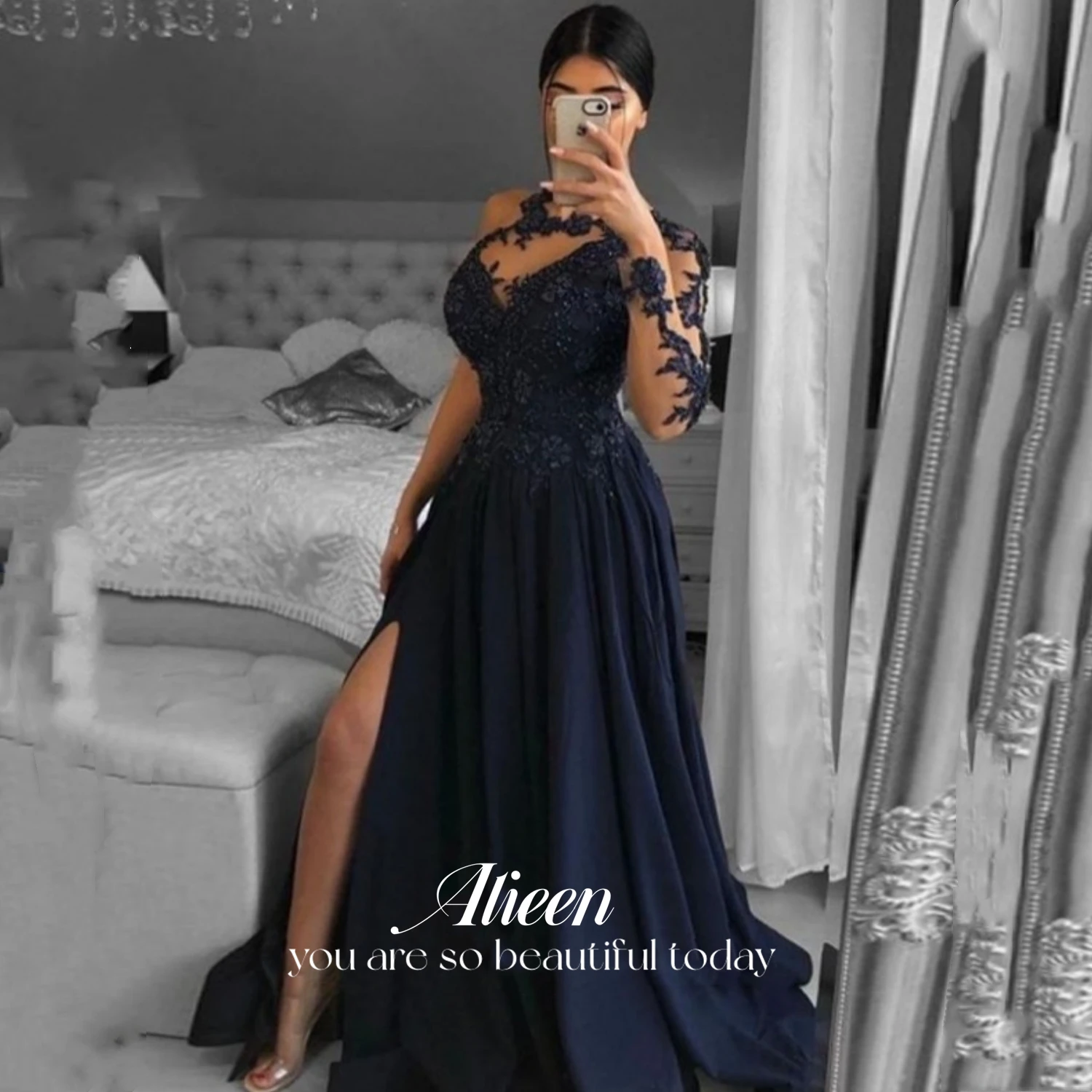 

Aileen Ball Gown Woman's Evening Dress Party Evening Elegant Luxury Celebrity One Shoulder Sleeve Line A Lace Sexy Navy Blue