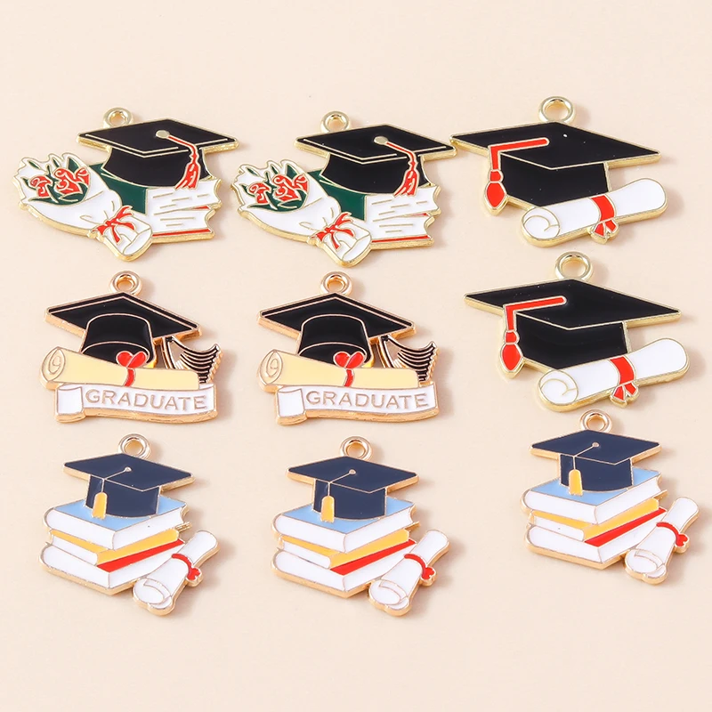 10pcs Enamel Graduation Ceremony Professor Student Mortarboard Charms for Necklaces Earrings DIY Jewelry Making Accessories