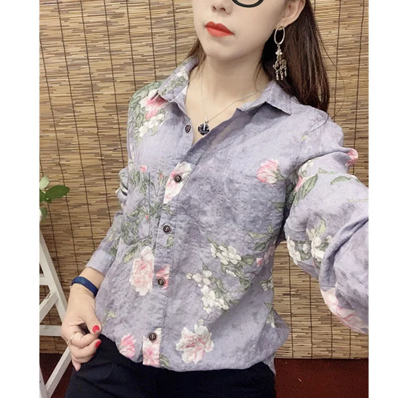 Cotton Hemp Retro 2024 Autumn Winter New Women\'s Blouse Polo-Neck Button Printed Loose All-match Aesthetic Long Sleeve Shirt