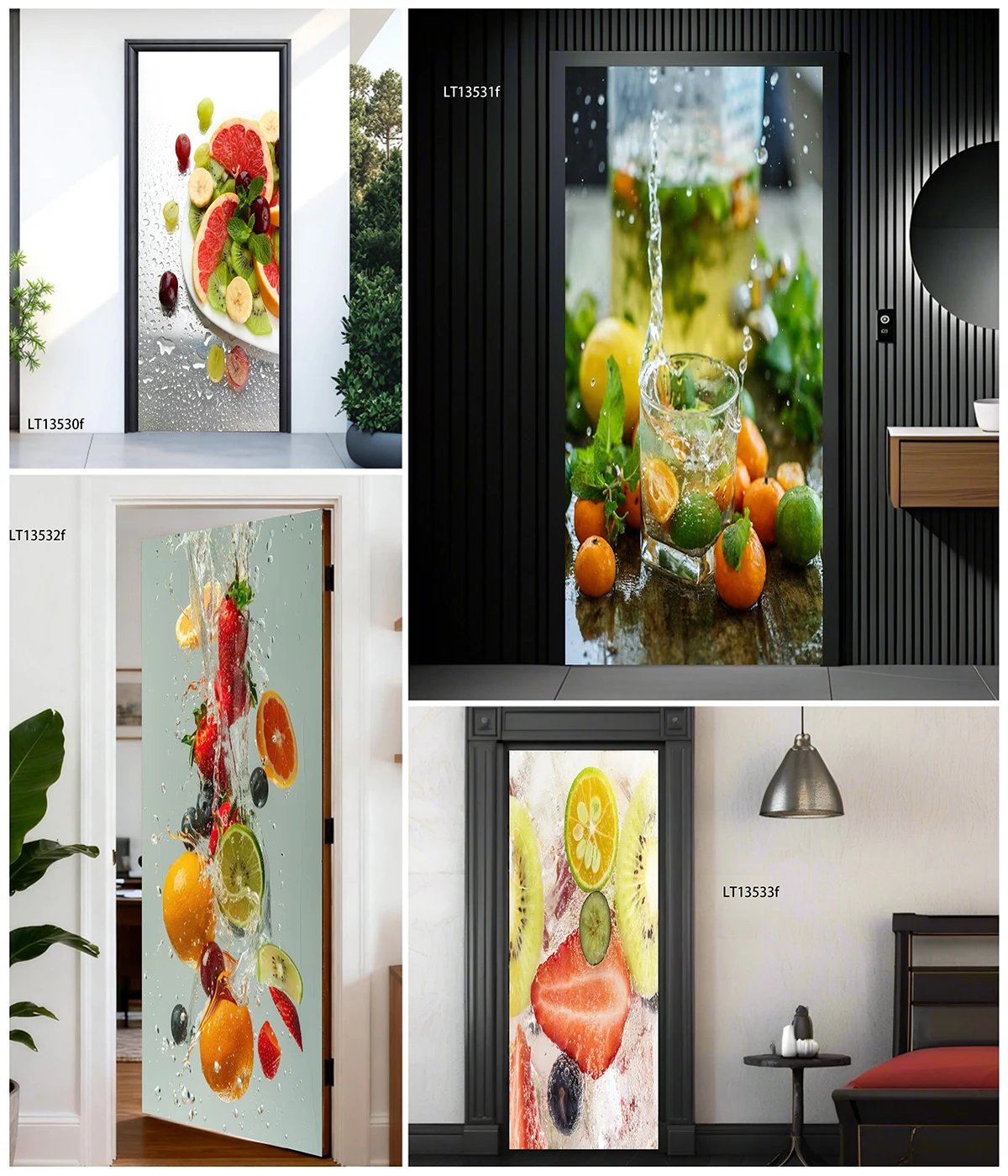Peel&Stick Vinyl Door Decal Realistic Fresh Citrus Berry Fruit Water Splash Mural Waterproof Door Wrap Restaurant DIY Wall Decor