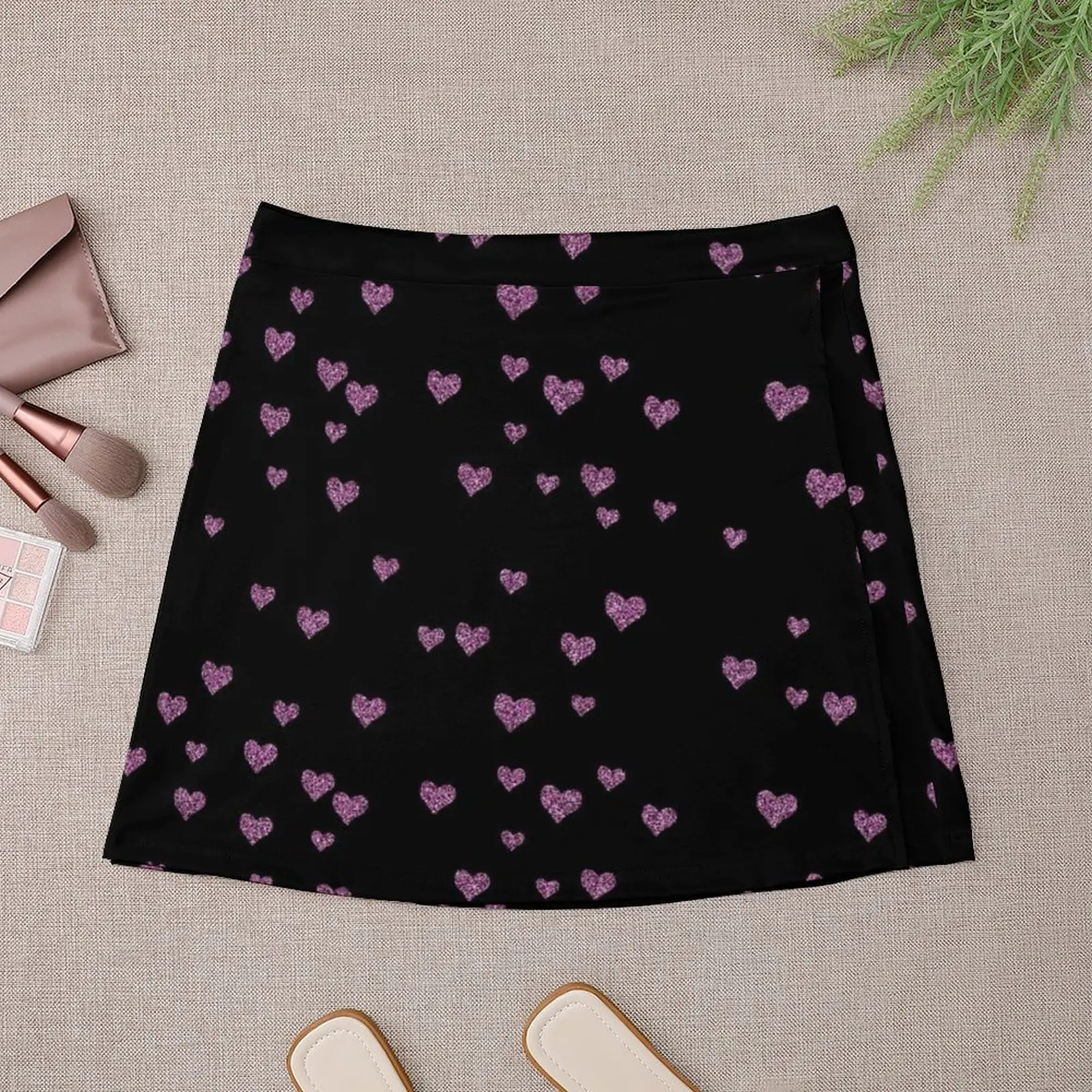 Minfalda brillante con diseño de corazones y purpurina de oro rosa y amor en fondo negro, conjuntos de falda a la moda, ropa de lujo, minifalda para mujer