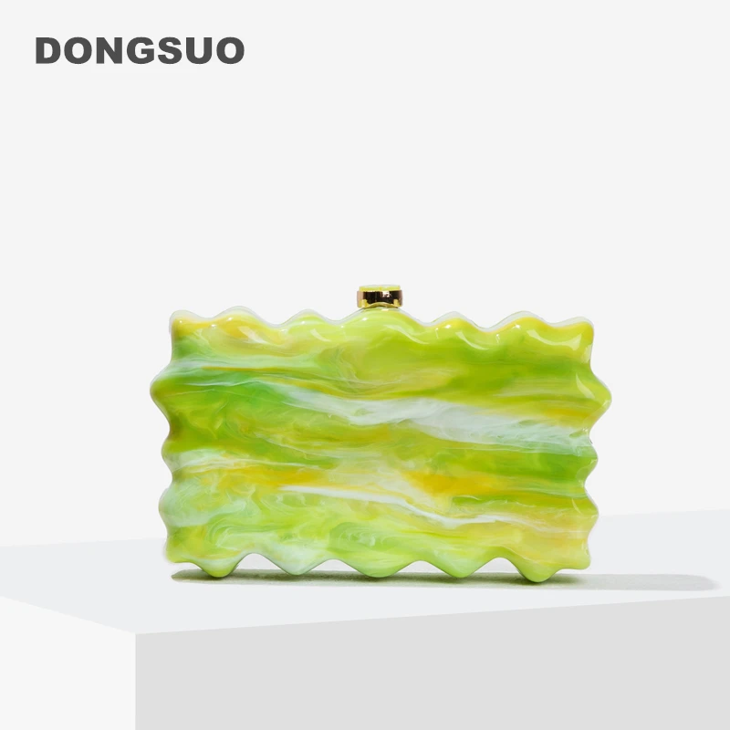 Women\'s Green Clutch Bag summer evening party lemon Wavy Marble print small purse Zigzag Edge handbag 2024 new